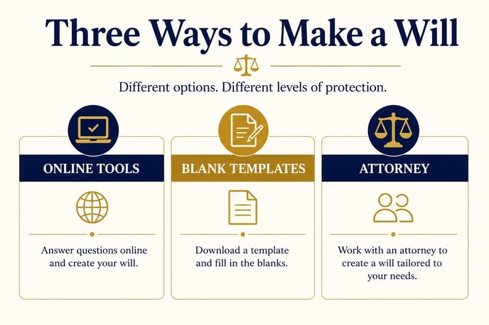 Comparison chart of three ways to make a will in Connecticut: online tools, templates, and an attorney