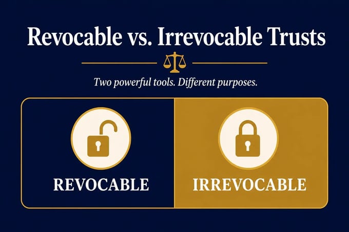 Infographic comparing revocable and irrevocable trust differences in control taxes and asset protection