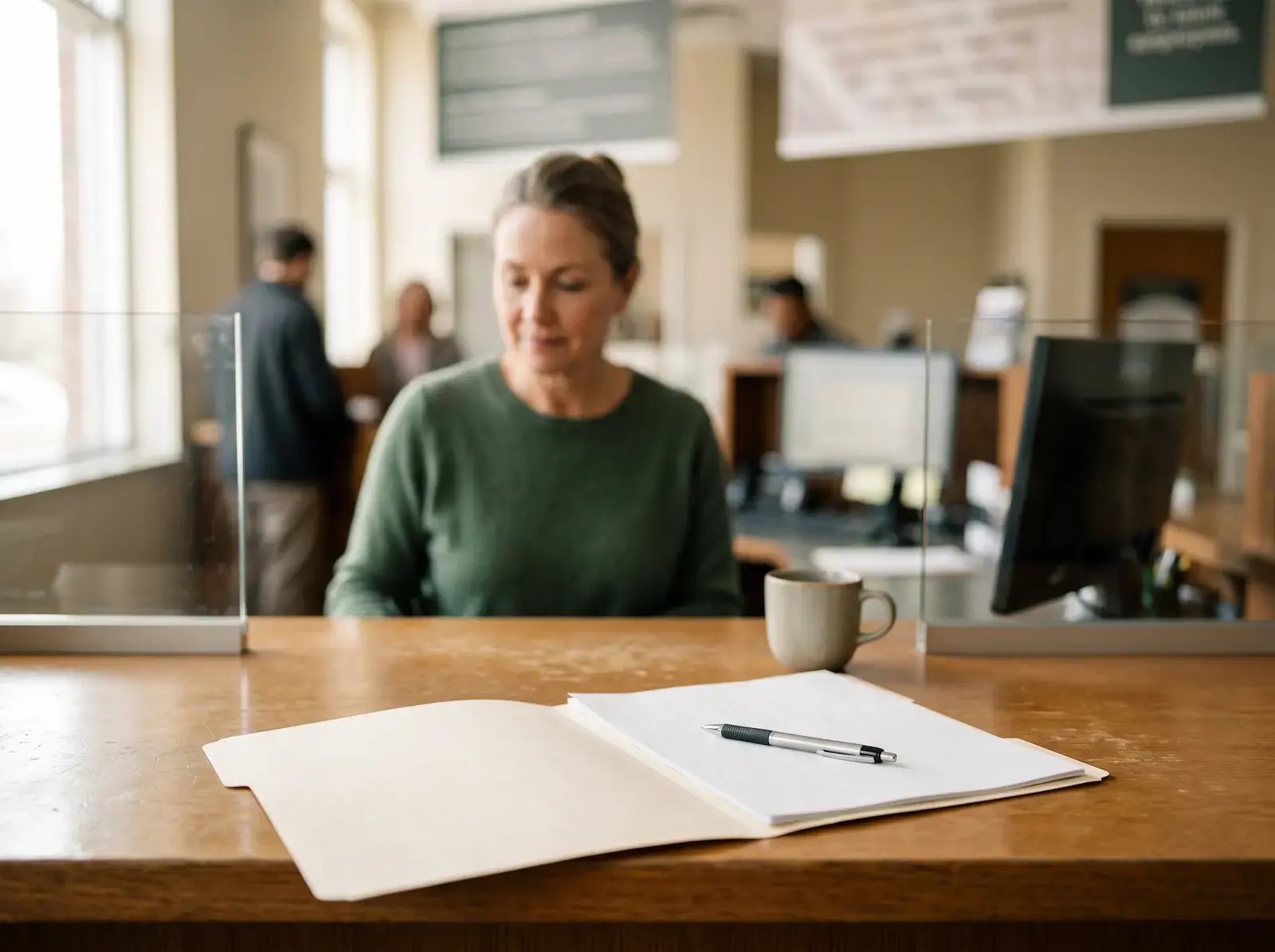 A folder of documents resting on a bank counter.