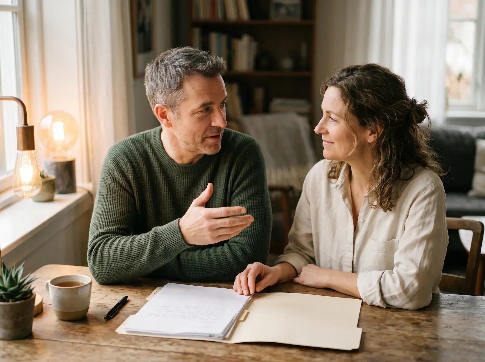Two adults in quiet conversation at a table with a folder of documents.