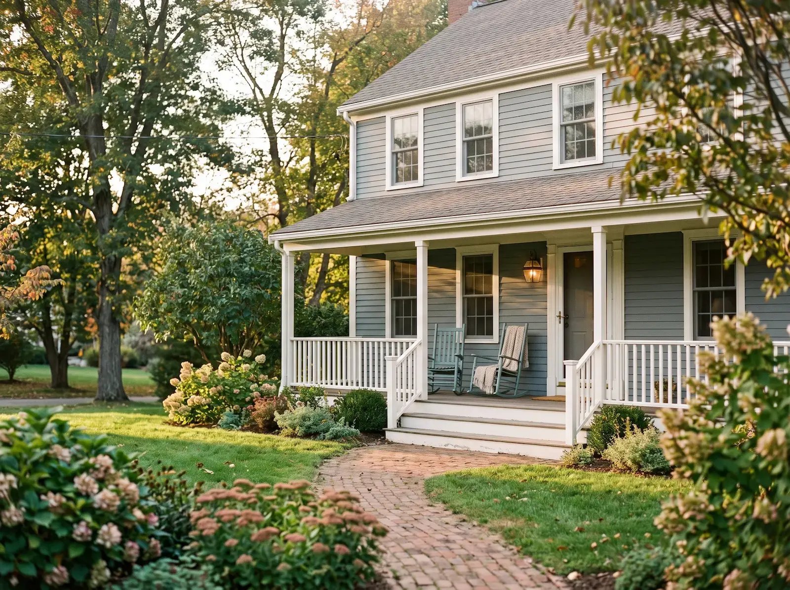 A modest New England family home exterior in late afternoon light.