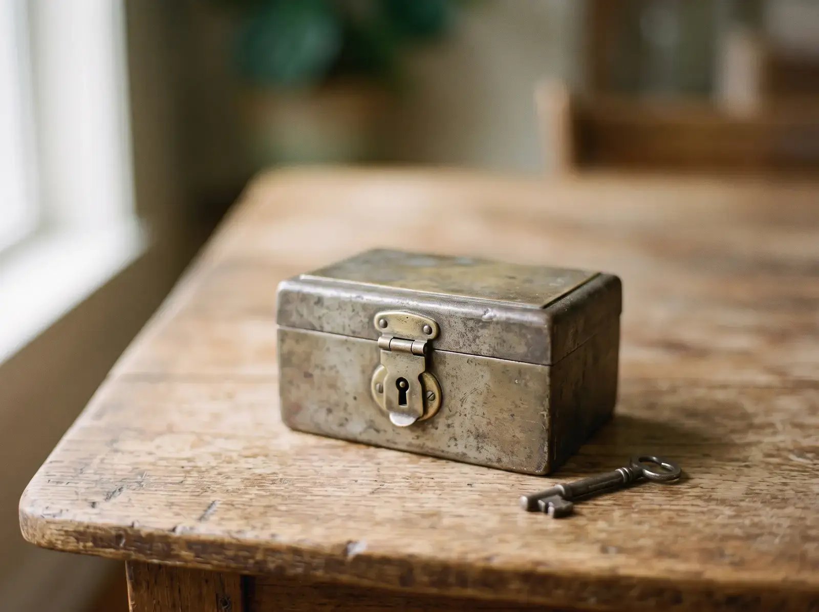 A closed lockbox with a key resting beside it on a wooden table.