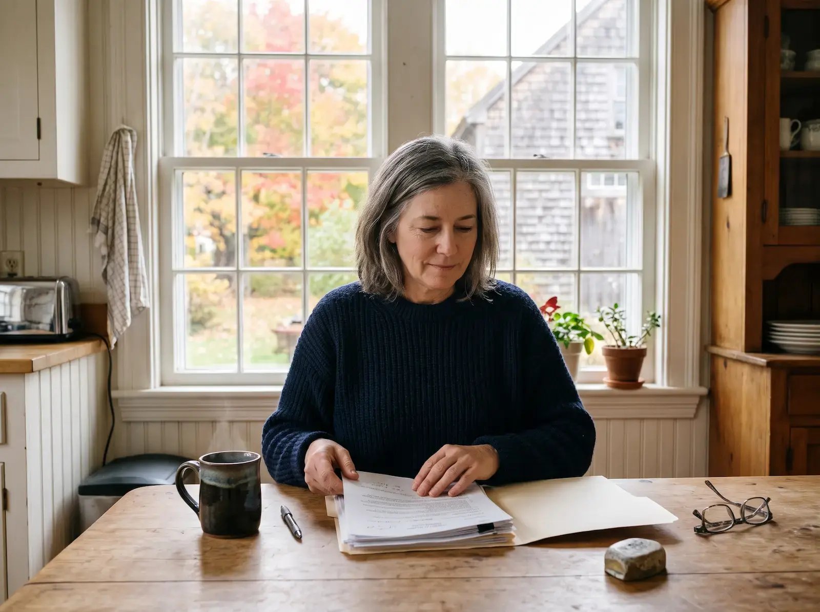 Executor organizing estate paperwork for the Milford probate court at home in Milford, CT