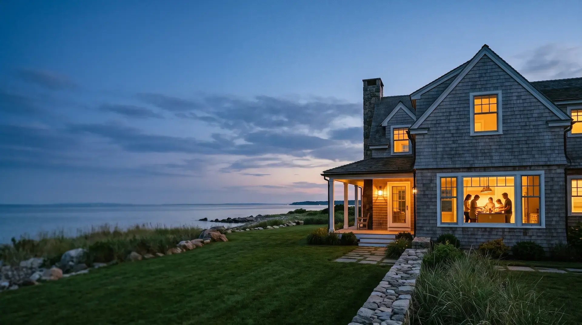 Connecticut shoreline family home at dusk, protected with asset protection planning