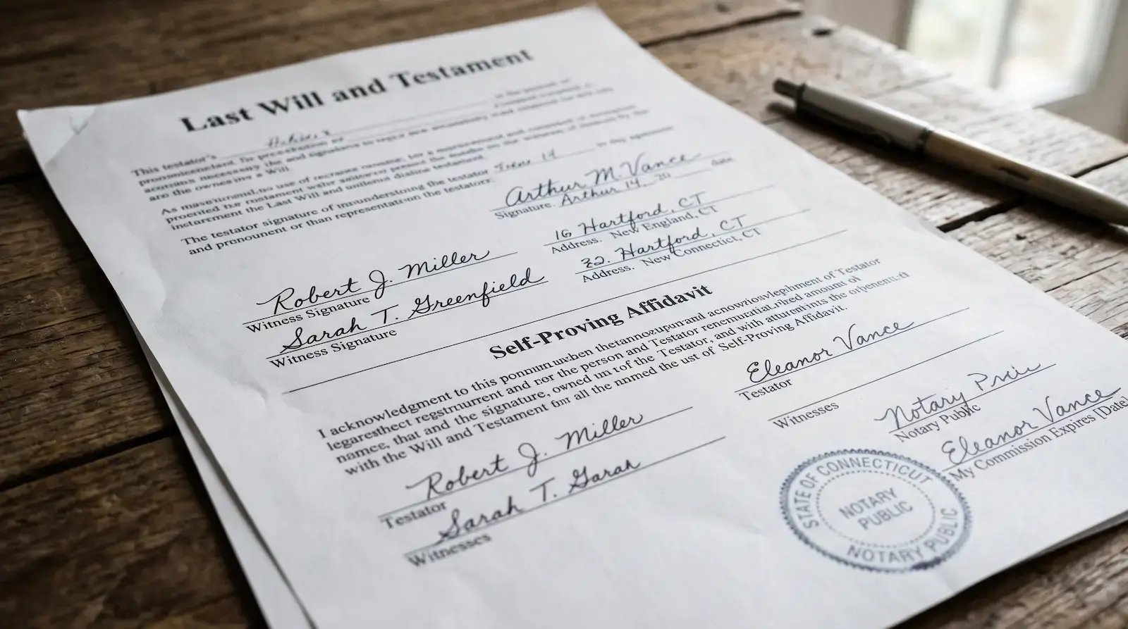 Signature page of a Connecticut will with two witnesses and a self-proving affidavit
