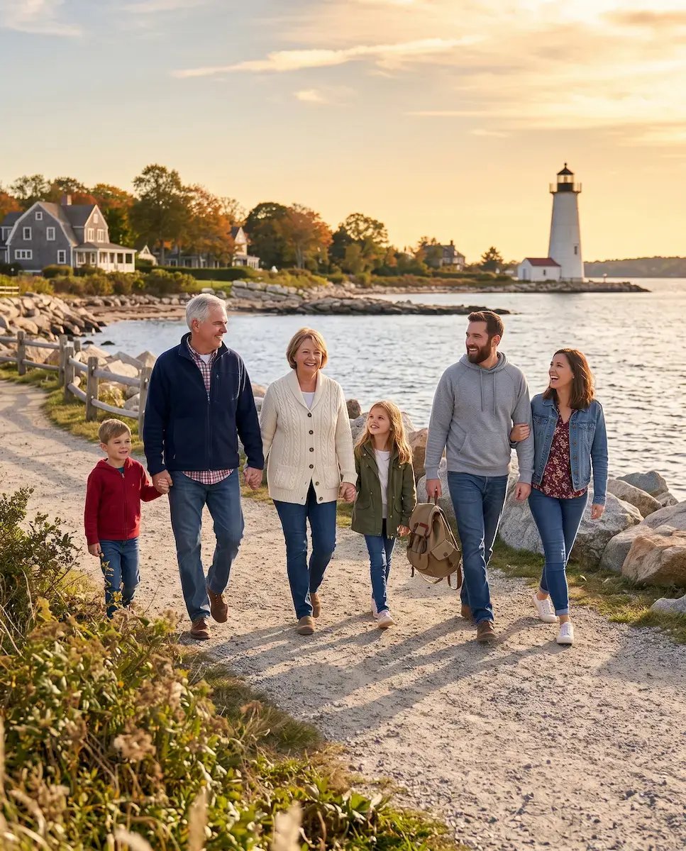 A three-generation family walking together on a Connecticut shoreline path.