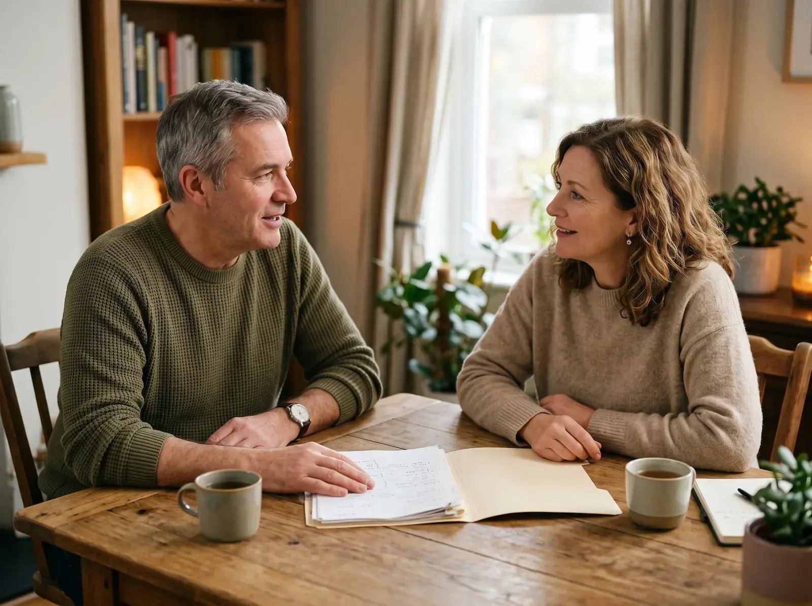 Two adults in an unhurried conversation across a table.
